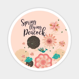 Floral Ornament, Flying Peacock Spring Peach Garden, Decorative Pink Flowers, blossom sakuras BOHO Magnet